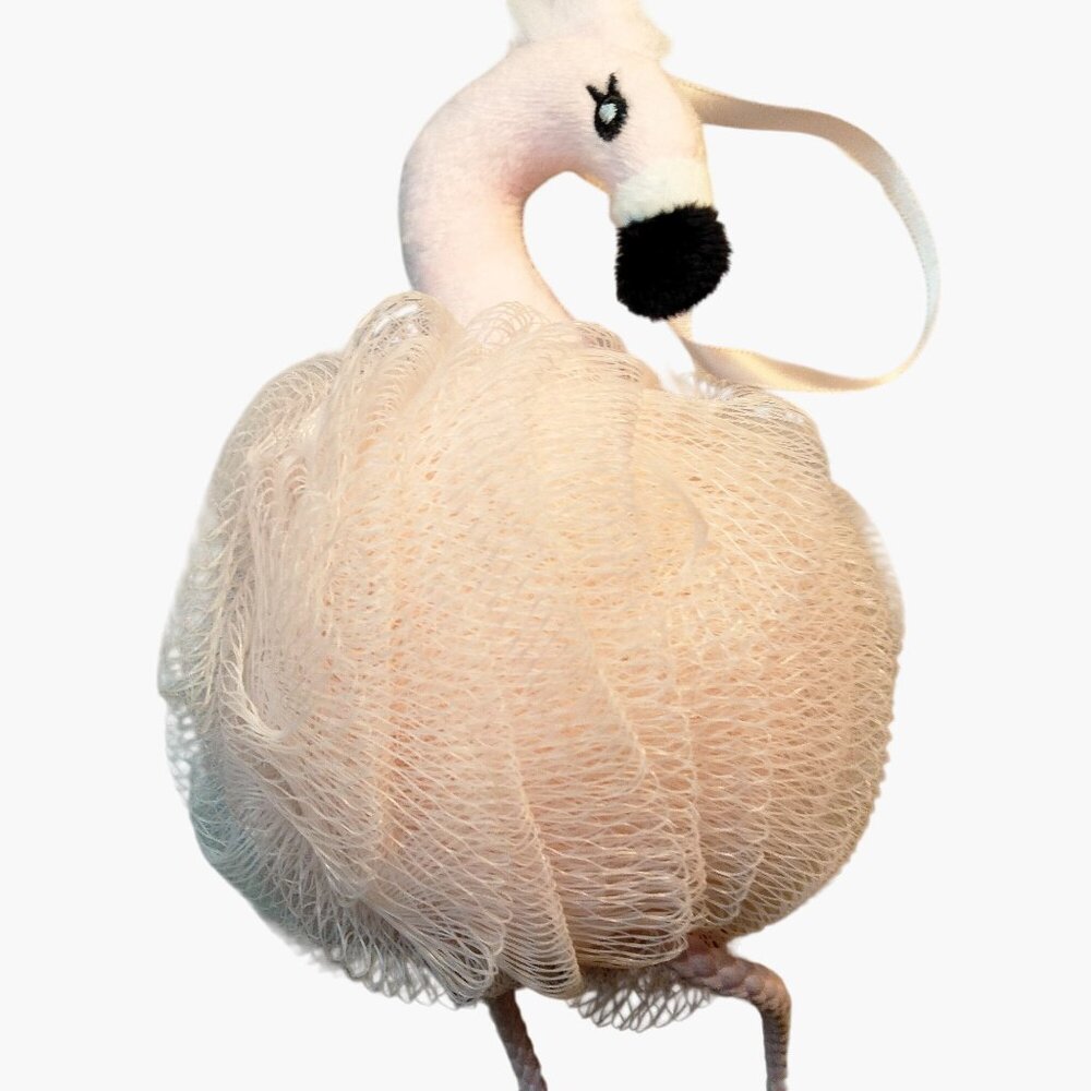 Pink Flamingo Shaped Bath Scrubby Sponge Hanging Ribbon Tulle